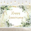 Fond floral Happy Anniversary avec texte à paillettes dorées pour fête photographie - Thème Floral Eucalyptus Frais (SBJ-006) / 150x90cm