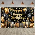 Sfondo di compleanno di lusso nero e oro con palloncini e scatole regalo per feste - Stile Nero Oro Lussuoso (SBJ-006) / 180x120cm