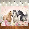Pastoral equestrian photography backdrop featuring three horses and rose floral design - SBJ-006