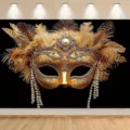 Luxuriöse goldene Maskenball-Maske mit Federn und Perlen auf schwarzem Hintergrund - Venetianischer Goldmaskenstil (SBJ-006) / 95x75cm