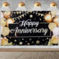 Toile de fond Happy Anniversary noir et or avec motifs de ballons et d'étoiles dorées - Thème de Fête Ballon Noir et Or (SBJ-007) / 150x90cm