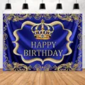 Königlicher blau-goldener Geburtstags-Hintergrund mit luxuriöser Krone für Fotografie - Blau-Gold Kronen-Stil (SBJ-007) / 95x75cm / Blau Gold