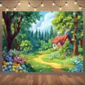 Fairy tale forest photography backdrop with cottage for magic theme party decoration - 95x75cm / Fairy Tale Forest Illustration (SBJ-006) / Colorful