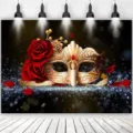 Eleganter Karneval-Hintergrund mit goldener Maske und roten Rosen für Maskenbälle - Rote Rose Gold Maskenball Maske Stil (SBJ-007) / 95x75cm / Schwarz & Gold