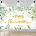 Toile de fond Happy Anniversary élégante avec succulentes vertes et texte pailleté doré - Thème Paillettes Dorées Succulentes Fraîches (SBJ-008) / 150x90cm