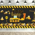 Sfondo fotografico per 1° compleanno a tema cantiere con escavatori e scritta I Dig Being 1. - Tema Veicolo da Cantiere (SBJ-008) / 150x90cm