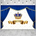 Königliches Geburtstags-Backdrop in Blau und Gold mit Krone und Vorhang für Fotografie - SBJ-008 / 95x75cm