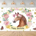 Floral horse birthday photography backdrop for equestrian themed party decoration - Brown Horse with Flower Crown (SBJ-008)