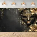Eleganter goldener Maskenball-Hintergrund mit Blumen und Perlen für Karnevalsgala - Schwarz Gold Maskenball Maske Stil (SBJ-008) / 95x75cm
