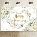 Fond Happy Anniversary avec cadre floral en cœur blanc et texture marbre pour studio - Style Floral Marbre avec Cadre en Cœur Doré (SBJ-009) / 150x90cm