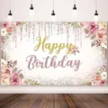 Sfondo fotografico floreale rosa Happy Birthday con glitter per festa compleanno - Stile Floreale Rosa (SBJ-005) / 180x120cm