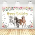 Equestrian floral horse birthday party photography backdrop for rural themed celebrations - Equestrian Pastoral Horse Style (SBJ-009)