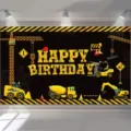 Verjaardag fotografie achtergrond bouwthema met gele graafmachines voor kids party - Bouwstijl (SBJ-005)