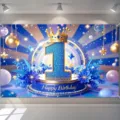 Sfondo fotografico reale blu e oro per il primo compleanno con corona e numero 1 - Tema Reale Blu (SBJ-009) / 150x90cm