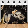 Goldener Maskenball-Hintergrund für Karnevalsparty mit Champagner-Design für Events - Luxuriöser schwarz-goldener Feder-Masken-Champagner-Stil (SBJ-009) / 95x75cm
