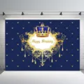 Eleganter blau-goldener Geburtstags-Fotohintergrund mit Krone und goldener Aufschrift - Luxus Blau & Gold Kronenstil (SBJ-009) / 95x75cm