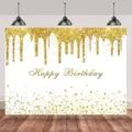 Sfondo per foto di compleanno con glitter dorati su tessuto bianco per feste eleganti - Stile Gocciolamento Glitter Dorati (SBJ-004) / 95x75cm