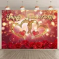 Fond photo rouge avec roses, cœurs dorés et texte Happy Anniversary - Thème Roses Rouges Coeurs Dorés (SBJ-0010) / 150x90cm