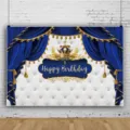 Luxuriöser blau-goldener Geburtstagshintergrund mit Krone und Schriftzug - Blau Gold Krone Party Hintergrund (SBJ-0010) / 95x75cm