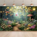 Magic fairy tale forest photography backdrop with mushrooms and butterflies for theme party - 95x75cm / YD-BJB296