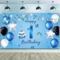 Sfondo fotografico per il primo compleanno blu con palloncini e motivi di torte - Tema di compleanno palloncini blu (SBJ-0010) / 150x90cm