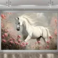 Pastoral photography backdrop featuring a majestic white horse and pink flowers. - SBJ-0010