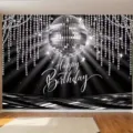 Sfondo di compleanno disco nero e argento con sfere a specchio e perline di cristallo - Stile Disco Nero e Argento (SBJ-007) / 95x75cm