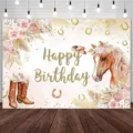 Rustic equestrian birthday backdrop with floral horse and cowboy boots for photography - Equestrian Floral Horse Style (SBJ-0011)