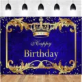 Royalblauer und goldener Geburtstags-Fotohintergrund mit Krone und Damastmuster - Blau-Goldene Krone Damastmuster Geburtstags-Hintergrund (SBJ-0011) / 95x75cm