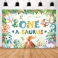 Sfondo fotografico di dinosauro ad acquerello per il primo compleanno del bambino, decorazione - Tema Dinosauro (SBJ-0011) / 150x90cm