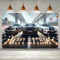 Sfondo fotografico di compleanno a tema auto da corsa con luci Happy Birthday brillanti - Stile da Corsa Cool (SBJ-008) / 95x75cm