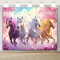 Pastoral photography backdrop featuring four galloping horses with pink cherry blossoms - Beautiful Horses in Sakura Forest Style (SBJ-0012)
