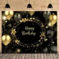 Elegante sfondo fotografico di compleanno nero e oro con palloncini e fuochi d'artificio - Stile lussuoso nero oro (SBJ-009) / 95x75cm