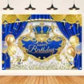 Luxuriöser blau-goldener Geburtstags-Hintergrund mit Krone und Luftballons für Partys - Blau-Goldenes Geburtstags-Kronen-Design (SBJ-0012) / 95x75cm