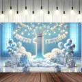 Sfondo fotografico per il 1° compleanno blu con corona scintillante e palloncini - Tema Corona Blu (SBJ-0012) / 150x90cm