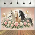 Equestrian pastoral photography backdrop with three horses and roses for birthday decoration - Equestrian Pastoral Style (SBJ-0013)