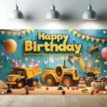 Levendige verjaardagsfotografie achtergrond met bouwvoertuigthema en 3D Happy Birthday tekst - Bouwstijl (SBJ-009)