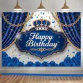 Königsblauer und goldener Geburtstags-Hintergrund mit Kronenmotiv - Blau und Gold Geburtstagshintergrund (SBJ-0013) / 95x75cm