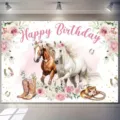 Equestrian pastoral photography backdrop for birthday party featuring horses and cowboy boots - SBJ-0014