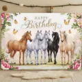 Pastoral horse themed birthday photography backdrop with elegant floral and butterfly - Rural Equestrian Style (SBJ-0015)
