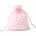 Kleiner rosa Organza-Geschenkbeutel mit Kordelzug und weißen Perlen für Schmuck - Ca. 7x9cm / 10 Stück/Packung / Rosa