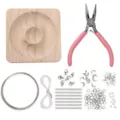 Complete DIY jewelry making kit featuring pink pliers, steel wire and wooden bead tray - Material Kit with Pliers and Square Bead Board