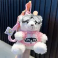 Adorable plush white teddy bear keychain wearing black goggles and pink sweater - White Bear - Pink Sweater