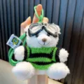Cool plush teddy bear keychain schoolbag pendant with green sweater and clear goggles - White Bear - Striped Green Sweater