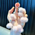 Cute light pink faux fur pom pom beaded phone strap and bag charm keychain accessory - Pink