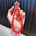 Vibrant red sugar cube crystal beaded phone strap with a silver ring clasp for wrist - Red