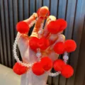 Creative red fuzzy ball and clear faceted beaded double-strand phone chain for bag charm - Red