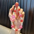 Handmade luminous pink flower beaded phone charm strap for girls' mobile cases - Includes Gasket / Rose Red