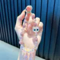 Bijou de téléphone en perles roses et strass avec un pendentif chat de dessin animé - Rose