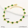 Detailed view of gold stainless steel heart anklet with green gems and dimensions - Dark Green